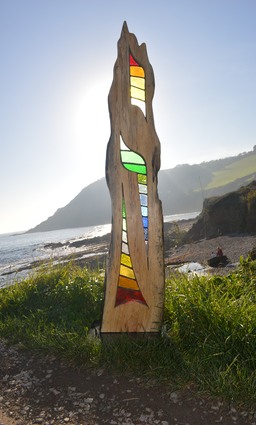 Solis-Stained Lead Glass Wood Sculpture