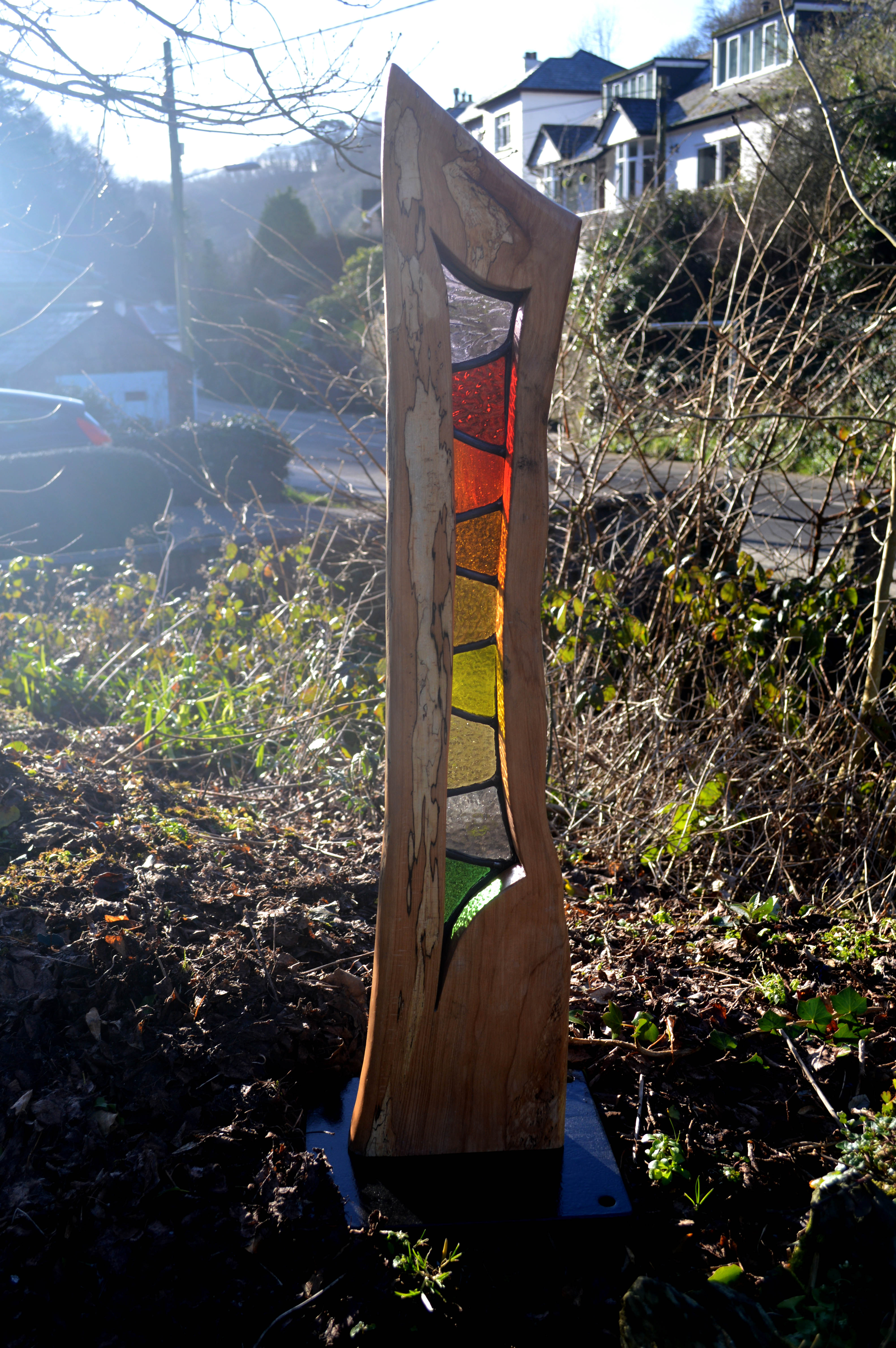 Sela-Stained Lead Glass & Wood Sculpture
